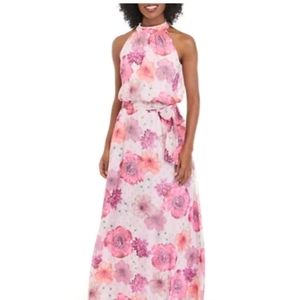 Floral design, mock halter, long dress